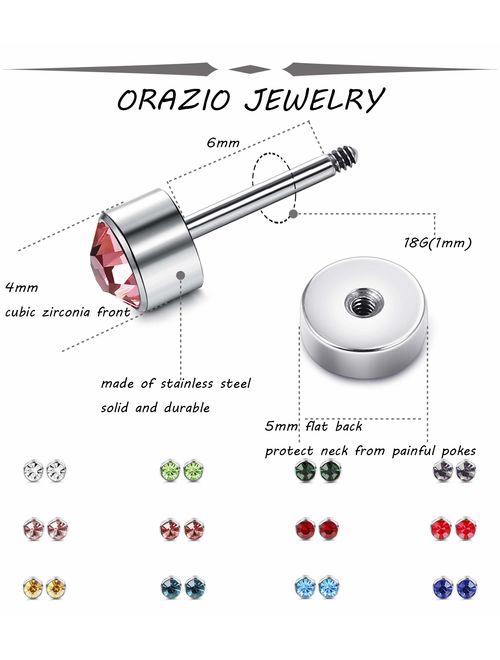 ORAZIO 12 Pairs Stainless Steel CZ Stud Earrings for Women Girls Cubic Zirconia Cartilage Stud Earring Screwback 4mm 6mm 8mm