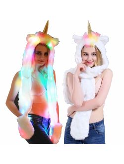 Faux Fur Unicorn Hat Scarf Gloves Light Up Mittens 3-in-3 Function Furry Hoodie Flashing Control LED light