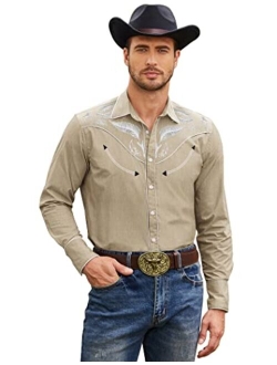 Men's Western Cowboy Embroidered Long Sleeve Button Down Shirt