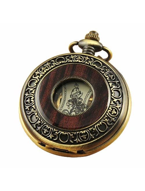 VIGOROSO Men's Hand-Wind Mechanical Pocket Watch Vintage Steampunk Wood Grain Hollow Design with Chain and Gift Box