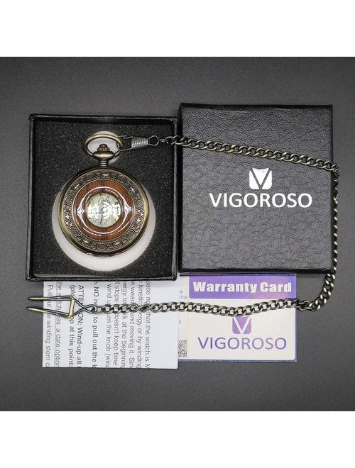 VIGOROSO Men's Hand-Wind Mechanical Pocket Watch Vintage Steampunk Wood Grain Hollow Design with Chain and Gift Box