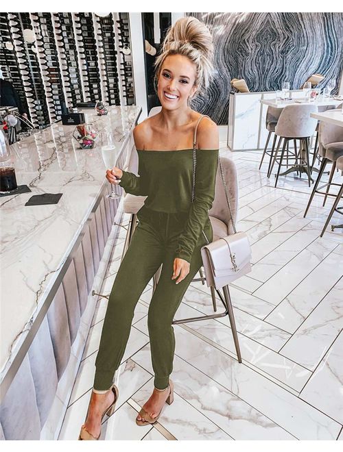 PRETTYGARDEN Womens Casual Off Shoulder Long Sleeves Drawstring Belt Stretchy Jumpsuit Pants with Pockets