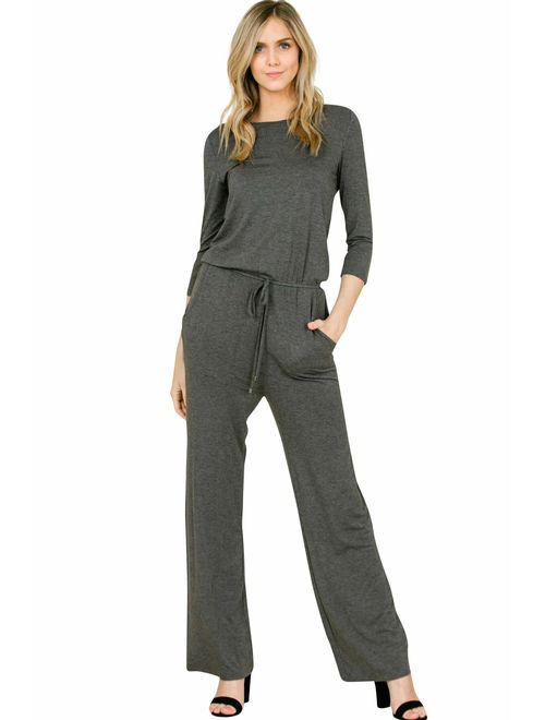 Annabelle Women's Solid Knit 3/4 Sleeve Back Keyhole Full Length Pocket Jumpsuits S-3XL