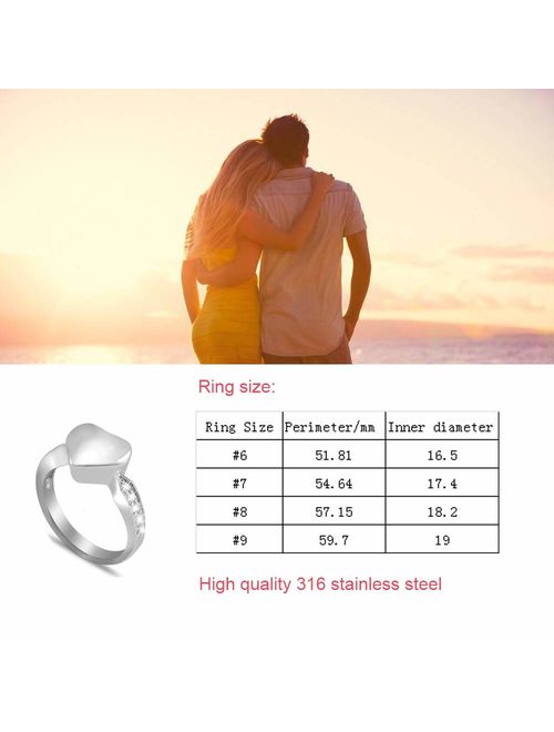 constantlife Cremation Ring for Ashes Engravable Heart Urn Finger Ring Crystal Embellishment Stainless Steel Memorial Jewelry #6#7#8#9