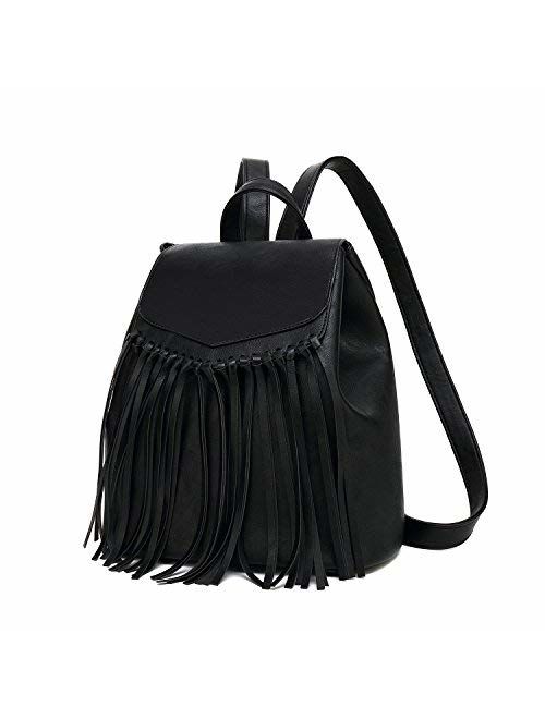 Zebella Tassel PU Leather Backpack Vintage Women Fringe Tassel Daypack Casual Travel Hobo Bag