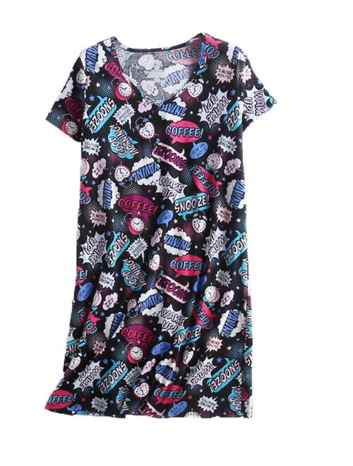 PNAEONG Women's Cotton Nightgown Sleepwear Short Sleeves Shirt Casual Print Sleepdress