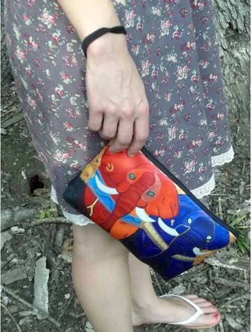 Large Vegan Wristlet, Pencil Bag, Cosmetic Bag with Charm Nylon Wristlet Clutch bag