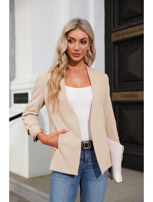 Ofenbuy Women's Casual Blazer Ruched 3/4 Sleeve Open Front Relax Fit Office Lightweight Cardigan Jacket Blazers