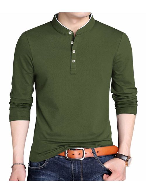KUYIGO Men's Casual Slim Fit Shirts Pure Color Long Sleeve Polo Fashion T-Shirts