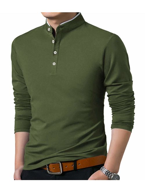 KUYIGO Men's Casual Slim Fit Shirts Pure Color Long Sleeve Polo Fashion T-Shirts
