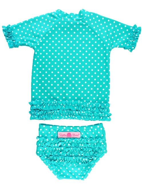 RuffleButts Baby/Toddler Girls Rash Guard Short Sleeve 2-Piece Swimsuit Set - Polka Dot Bikini with UPF 50+ Sun Protection