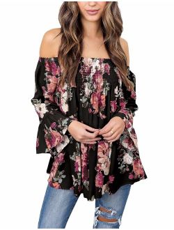 Women's Floral Off The Shoulder Tops Summer Casual Shirt Blouse Long Bell Sleeve