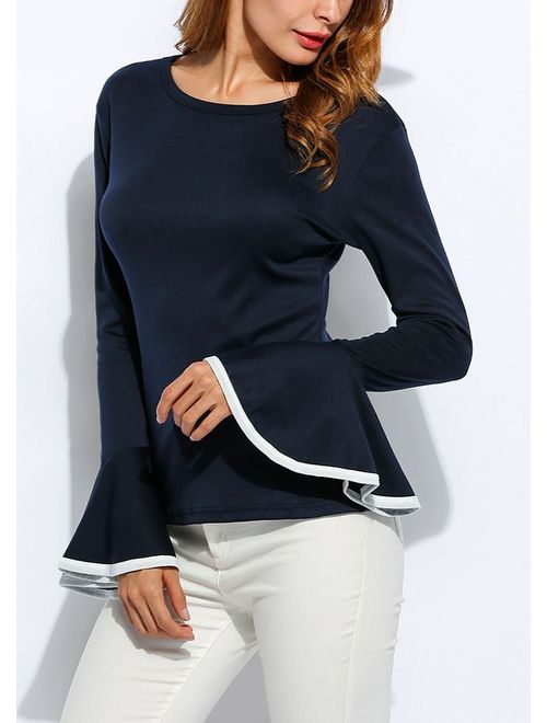 Women's Long Bell Sleeve Blouse Loose Trumpet T-Shirt Casual Solid Flare Tops