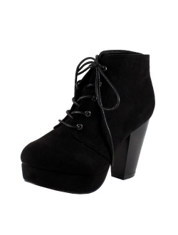 Camille-86 Women's Comfort Stacked Chunky Heel Lace Up Ankle Booties