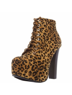 Camille-86 Women's Comfort Stacked Chunky Heel Lace Up Ankle Booties