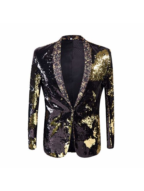 PYJTRL Men Stylish Two Color Conversion Shiny Sequins Blazer Suit Jacket