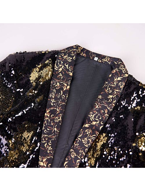 PYJTRL Men Stylish Two Color Conversion Shiny Sequins Blazer Suit Jacket