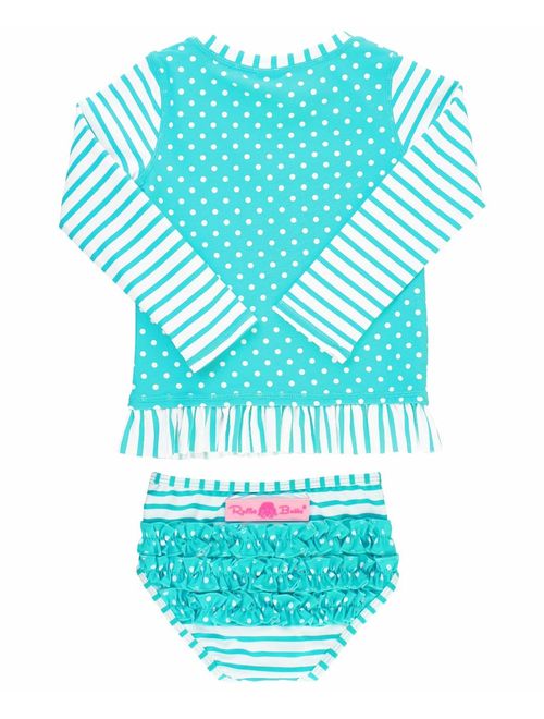 RuffleButts Little Girls Long Sleeve Rash Guard 2-Piece Swimsuit Set - Stripes Polka with UPF 50+ Sun Protection