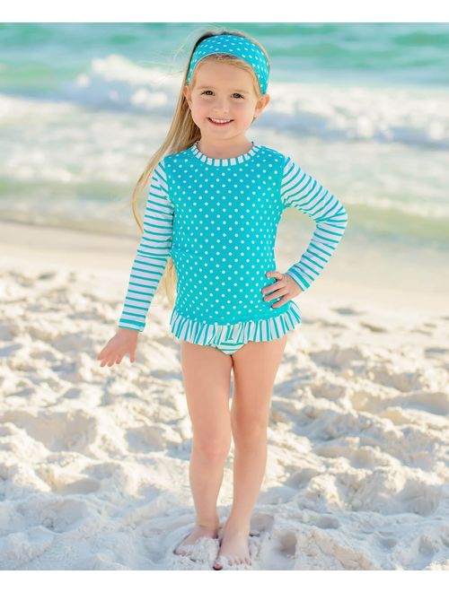 RuffleButts Little Girls Long Sleeve Rash Guard 2-Piece Swimsuit Set - Stripes Polka with UPF 50+ Sun Protection