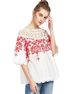 Women's Cold Shoulder Floral Embroidered Lace Scalloped Hem Blouse Top