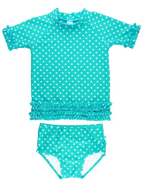 RuffleButts Little Girls Rash Guard Short Sleeve 2-Piece Swimsuit Set - Polka Dot Bikini with UPF 50+ Sun Protection