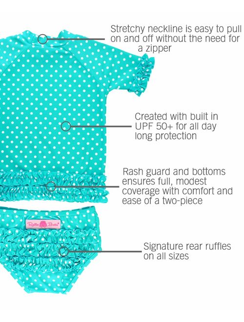 RuffleButts Little Girls Rash Guard Short Sleeve 2-Piece Swimsuit Set - Polka Dot Bikini with UPF 50+ Sun Protection