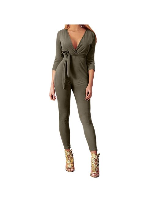 Yizenge Women's Sexy Suede Deep V-Neck 3/4 Sleeve Party Clubwear Romper Jumpsuit