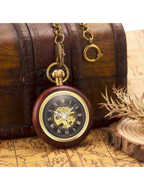 ManChDa Steampunk Mechanical Hand Wind Skeleton Pocket Watch Roman Copper Wooden with Chain Gift Box