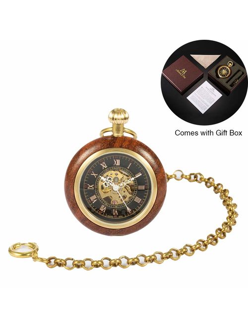 ManChDa Steampunk Mechanical Hand Wind Skeleton Pocket Watch Roman Copper Wooden with Chain Gift Box