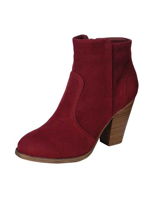 Breckelle's Women's HEATHER-34 Faux Suede Chunky Heel Ankle Booties
