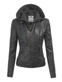 MBJ Womens Faux Leather Motorcycle Jacket with Hoodie