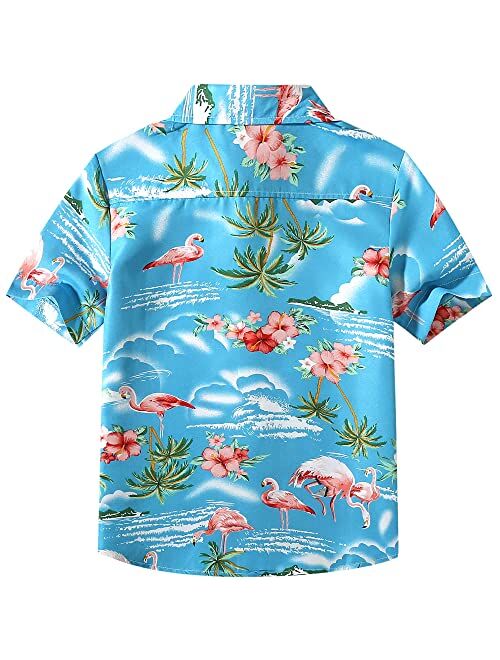 SSLR Big Boy's Flamingos Button Down Short Sleeve Aloha Hawaiian Shirt