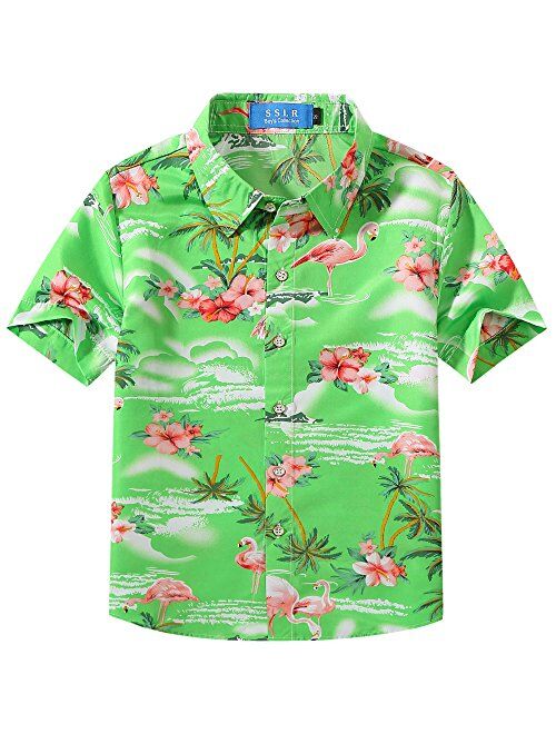 SSLR Big Boys Pink Flamingos Button Down Casual Short Sleeve Hawaiian Shirt