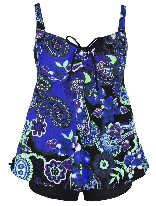 Hilor Women's Plus Size Swimwear Floral Tankini Set Drawtring Modest Two Piece Swimsuit
