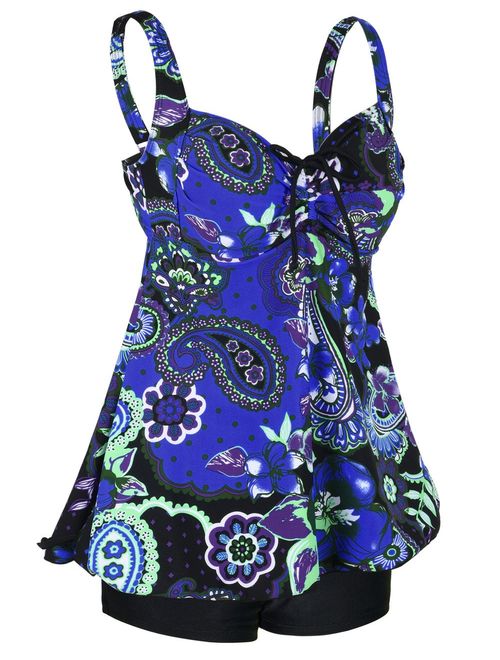 Hilor Women's Plus Size Swimwear Floral Tankini Set Drawtring Modest Two Piece Swimsuit