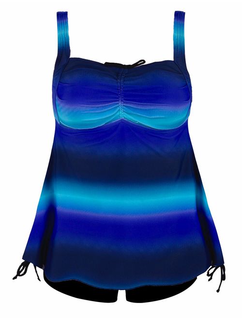 Hilor Women's Plus Size Swimwear Floral Tankini Set Drawtring Modest Two Piece Swimsuit