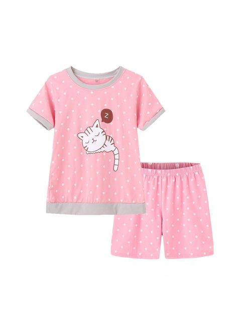 MyFav Young Girls Pajama Cute Cat Pattern Nighty Comfy Shorts Cotton Sleepwear