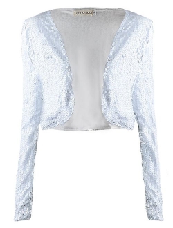 ANNA-KACI Womens Shiny Sequin Long Sleeve Cropped Blazer Bolero Shrug