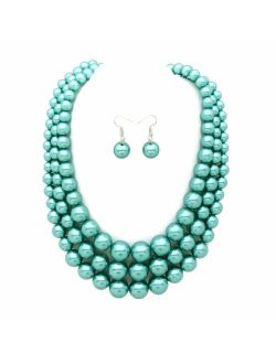 Womens Simulated Faux Pearl Five Multi-Strand Statement Necklace and Earrings Set 