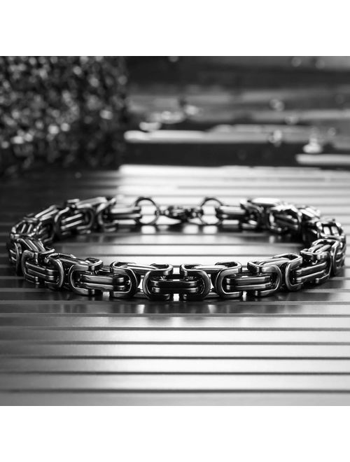 INBLUE 8mm Wide 316L Stainless Steel Bracelet Byzantine Link Chain Bracelet for Men Women Boys Water Resistance (5 Colors - Silver Black Gold Silver and Silver and Gold, 