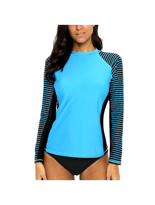 Charmo Women's Long Sleeve Rashguard UPF 50+ Sun Protection Swimsuit Top Striped Swim Shirts for Swimming, Hiking, Surfing