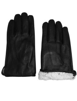 NICE CAPS Mens Adults Genuine Leather Black Gloves With Plush Lining And Tucked Trim - For Winter Cold Weather Outdoors Driving