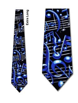 Music Note Blue Extra Long Necktie Mens Tie by Ral