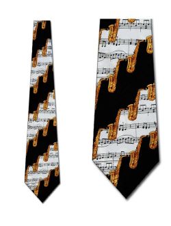 Saxophone and Sheet Music Black Necktie Mens Tie b