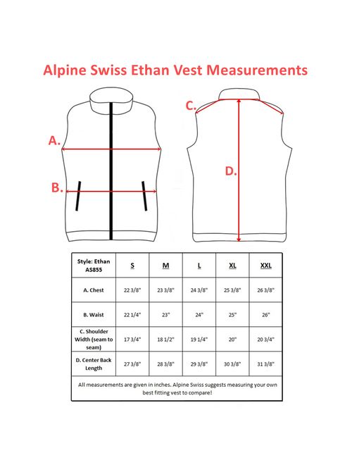 Alpine Swiss Mens Full Zip Up Fleece Vest Lightweight Warm Sleeveless Jacket