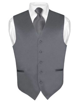 Men's Dress Vest & NeckTie Solid CHARCOAL GREY Color Neck Tie Set for Suit Tux