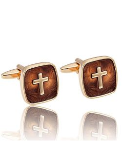 Amazing Mens Stainless Steel Cufflinks with Golden Holy Cross
