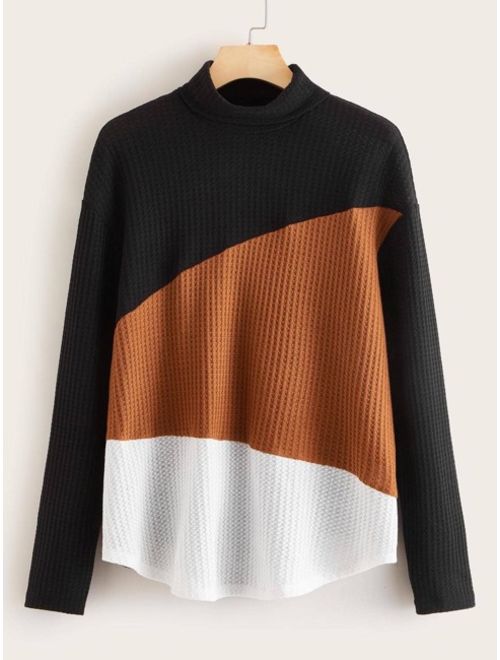Rolled Neck Colorblock Waffle Knit Tee