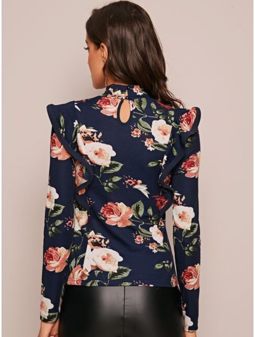 Floral Print Ruffle Trim Fitted Top