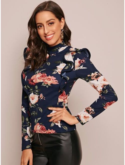Floral Print Ruffle Trim Fitted Top